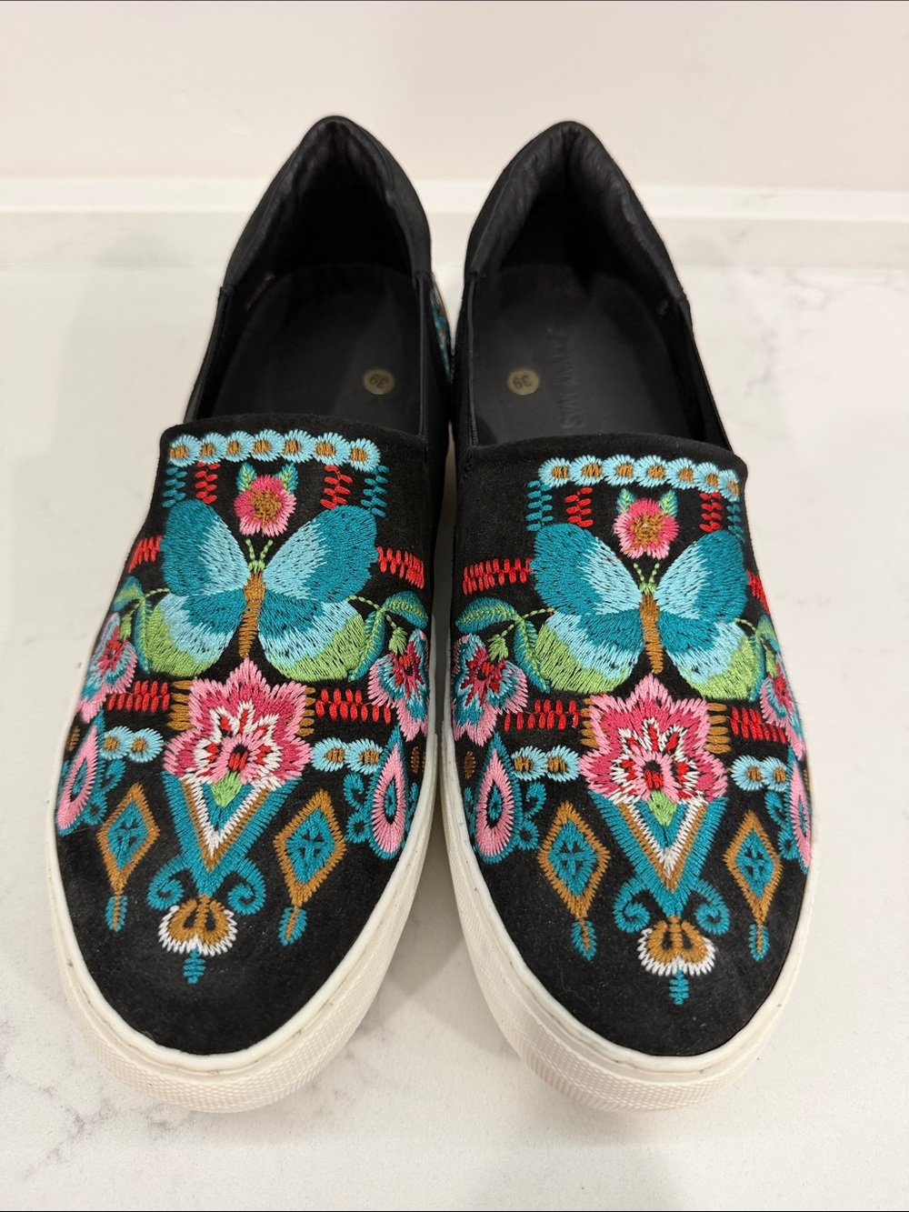 Johnny Was Black Slip-On Sneakers with Turquoise & Pink Embroidery